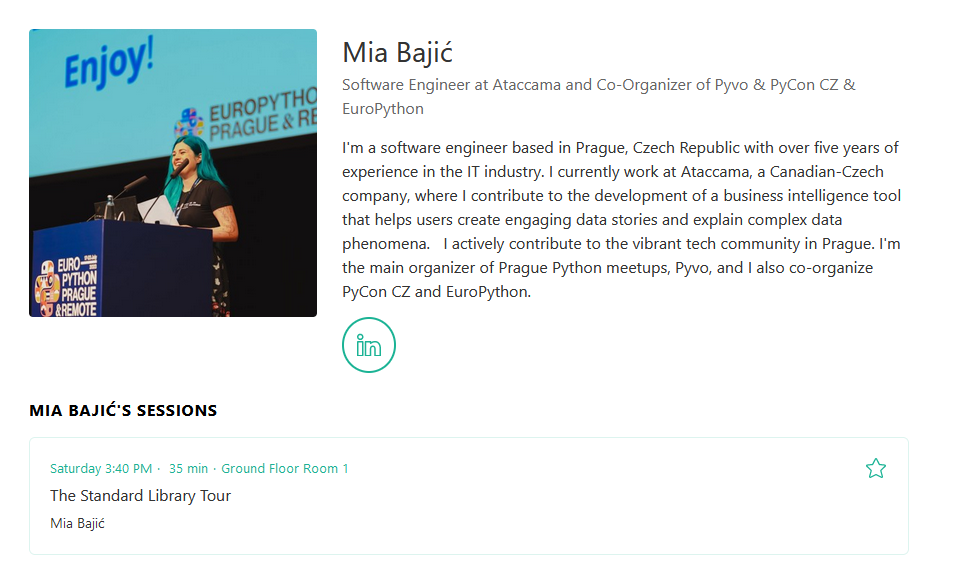 Pycon Info card on Mia Bajić